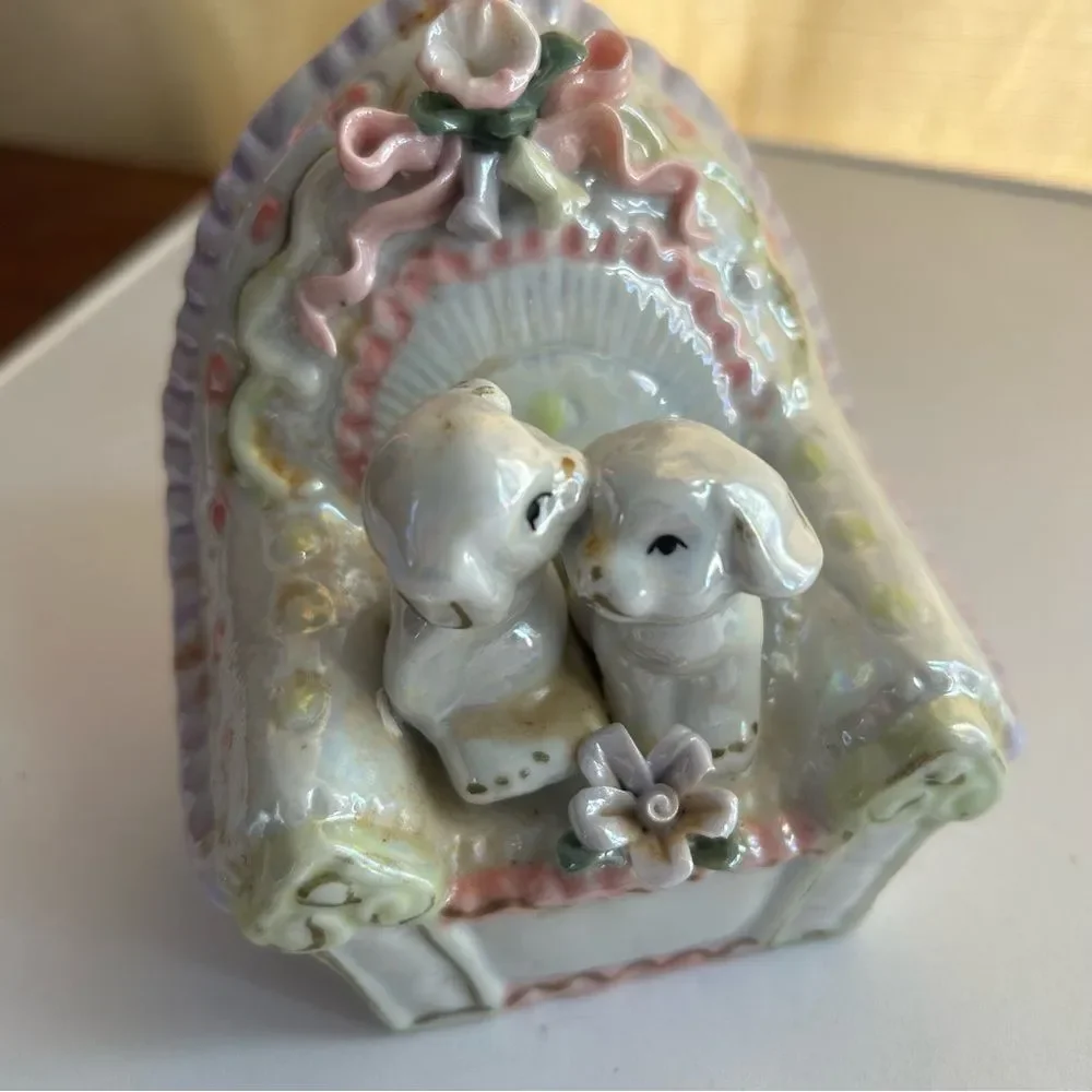 Vintage Iridescent Ceramic Puppy Dogs on Sofa Figurine Pastel Lusterware